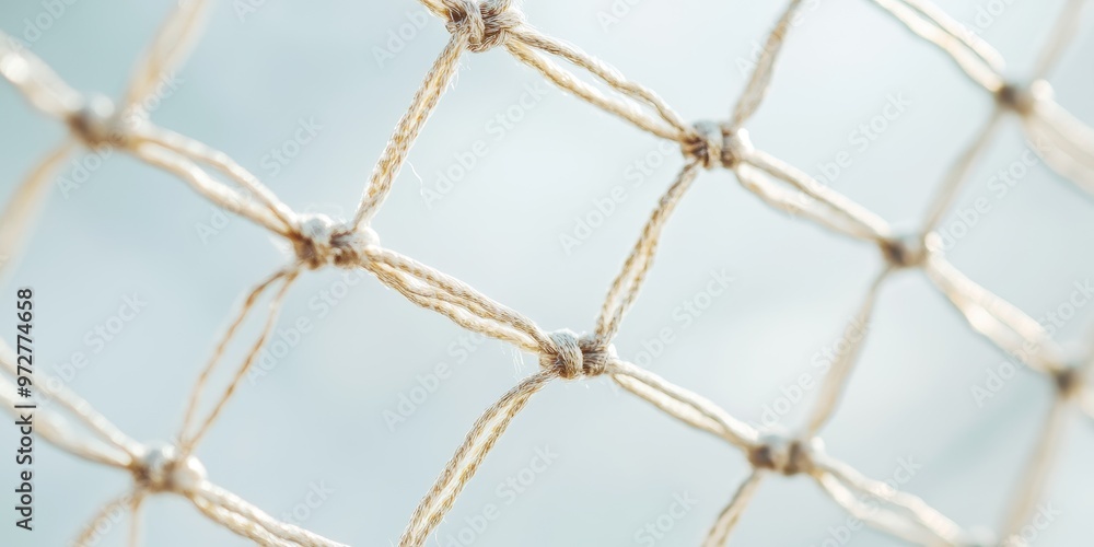 Close-up view of a textured net, showcasing intricate knots and woven patterns against a soft background. Close-up view of a textured net, showcasing intricate knots and woven patterns against a soft background.