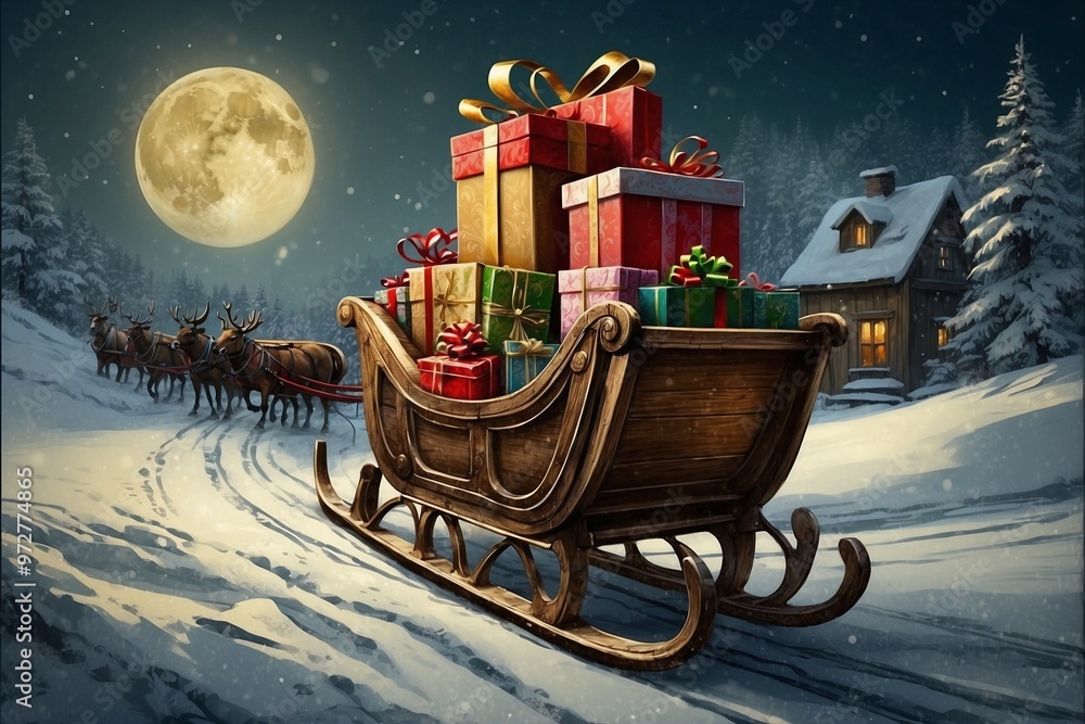 Christmas Sleigh Decorated with Vintage Wooden Paintings.