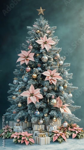 A Christmas tree decorated with metallic gold and silver ornaments, poinsettias flowersat, presents under the tree, dark green background photo