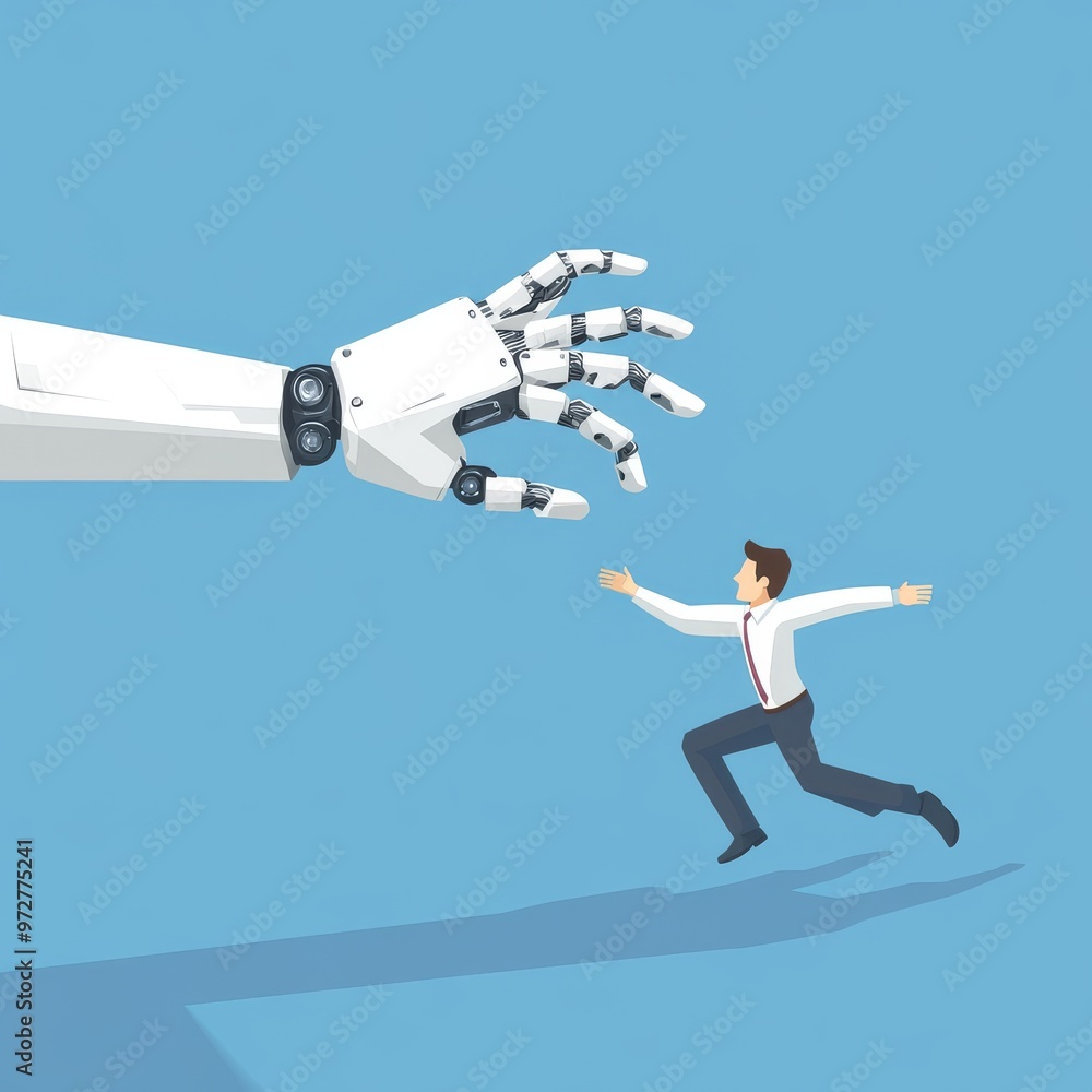 An isometric businessman jumps from a human hand to an stock robot hand An isometric businessman jumps from a human hand to an stock robot hand