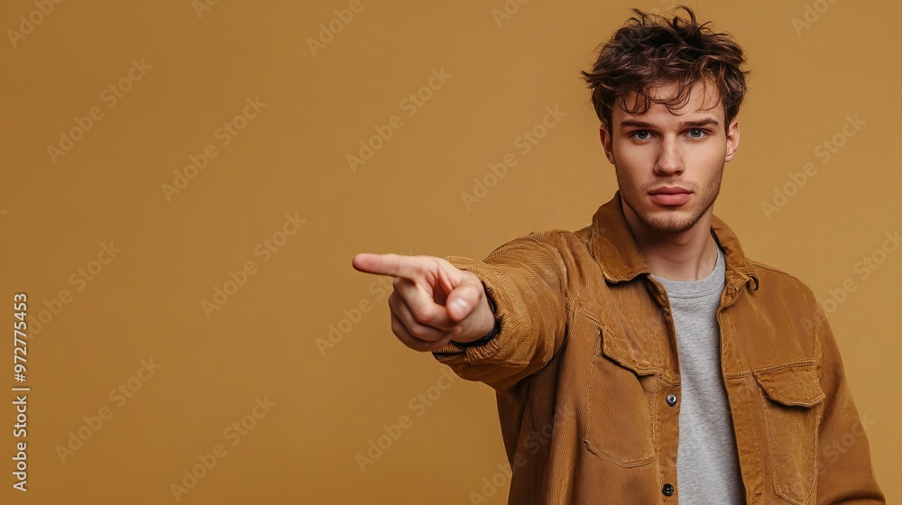 Photo portrait of attractive young man point empty space dressed stylish brown clothes isolated on khaki color background Photo portrait of attractive young man point empty space dressed stylish brown clothes isolated on khaki color background
