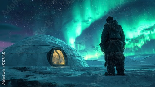 Inuit hunter under northern lights photo