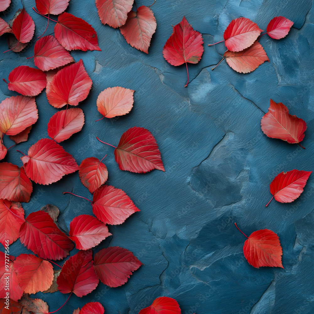 Autumn banner. Red leaves on dark blue slate with copy space. Autumn background Autumn banner. Red leaves on dark blue slate with copy space. Autumn background