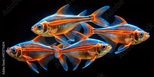 Vibrant orange and blue X-ray tetra fish swim in a school, their translucent bodies glowing against a dark photo