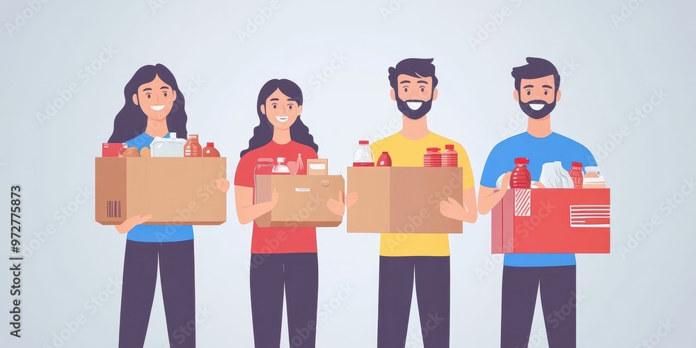Obraz premium Group of smiling individuals holding boxes and bottles, showcasing teamwork and community support in a cheerful and colorful setting.