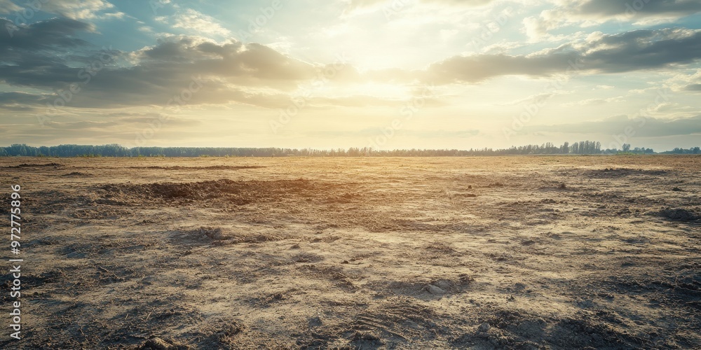 Obraz premium Golden sunlight illuminates a vast, dry landscape, creating a serene and peaceful atmosphere in nature.
