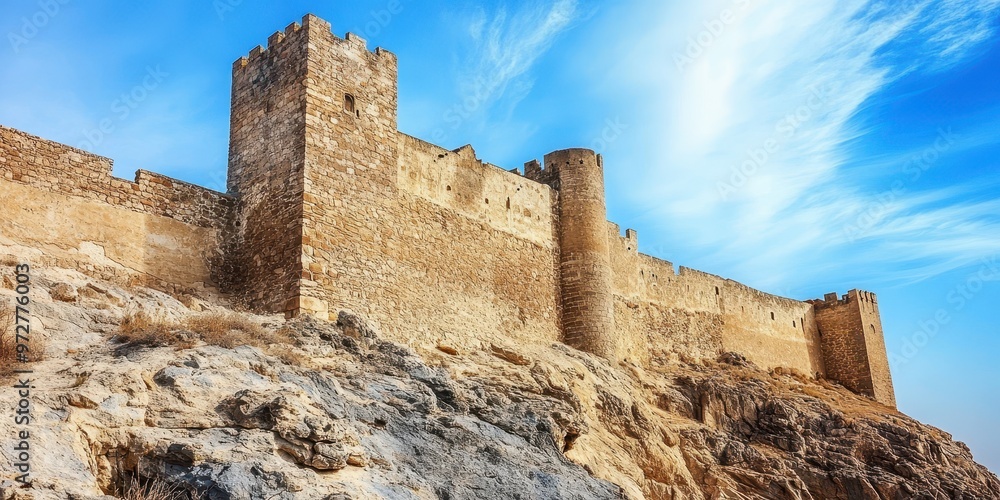 Majestic fortress perched on a rocky hill, showcasing ancient stonework against a vibrant blue sky with wispy clouds. Majestic fortress perched on a rocky hill, showcasing ancient stonework against a vibrant blue sky with wispy clouds.