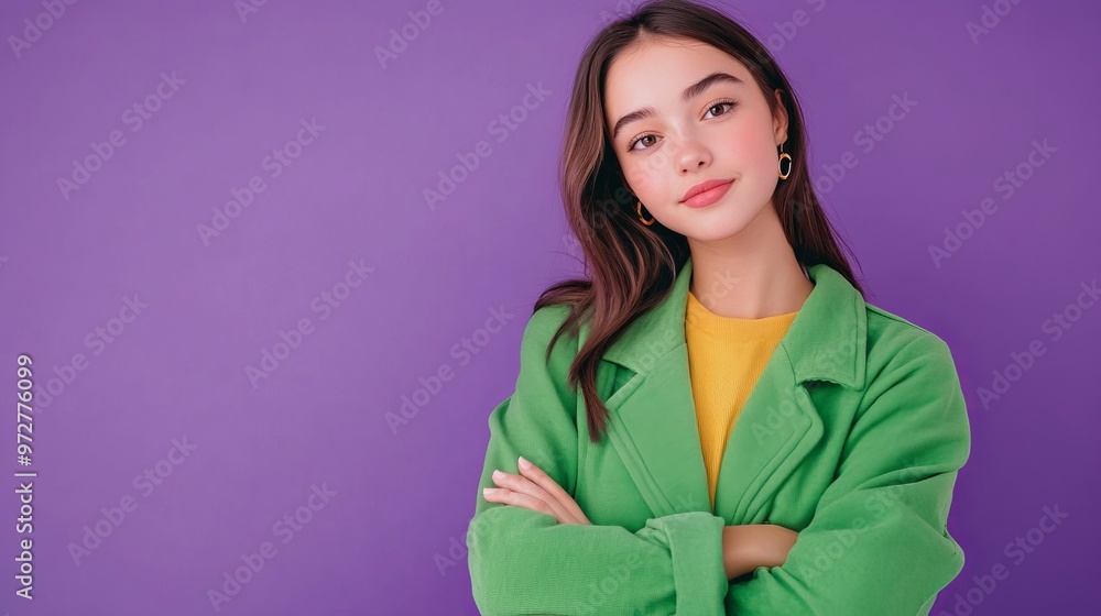 Photo portrait of pretty teenager girl crossed hands confident wear trendy green outfit isolated on purple color background Photo portrait of pretty teenager girl crossed hands confident wear trendy green outfit isolated on purple color background