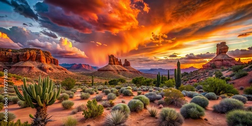 Vibrant orange and pink hues illuminate a serene desert landscape of sandstone formations, cacti, and sweeping clouds photo