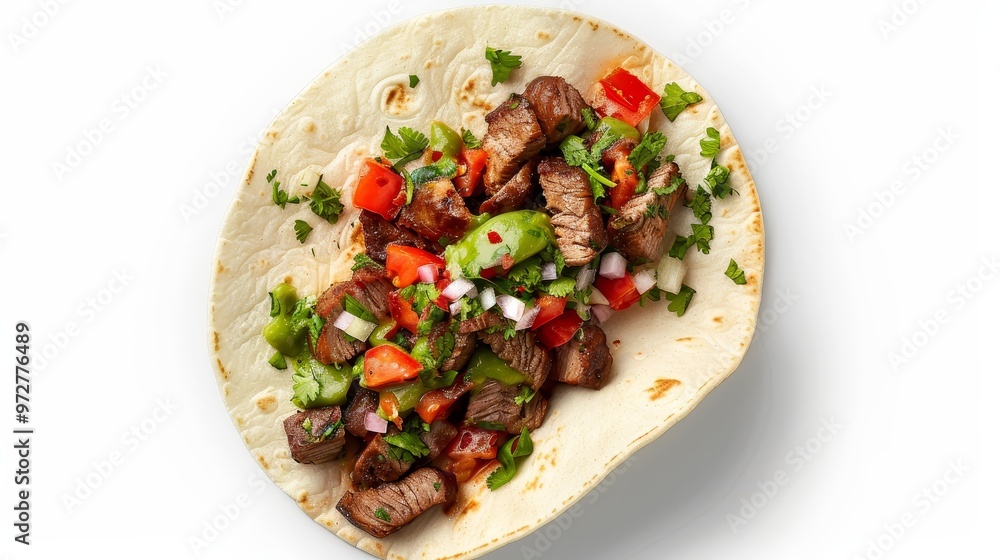 Top View of a Beef Taco with Fresh Cilantro, Onion and Tomato, tortilla, meat, mexican food, taco, food photography Top View of a Beef Taco with Fresh Cilantro, Onion and Tomato, tortilla, meat, mexican food, taco, food photography