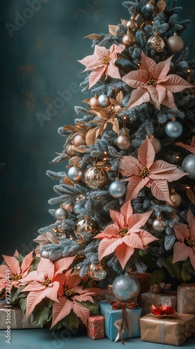 A Christmas tree decorated with metallic gold and silver ornaments, poinsettias flowersat, presents under the tree, dark green background photo