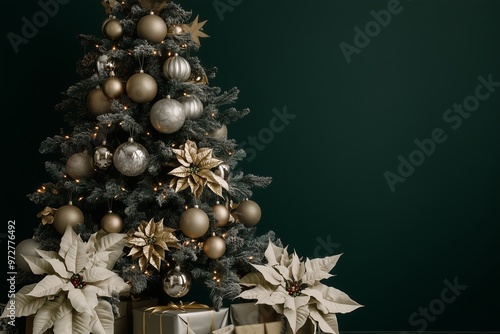 A Christmas tree decorated with metallic gold and silver ornaments, poinsettias flowersat, presents under the tree, dark green background photo