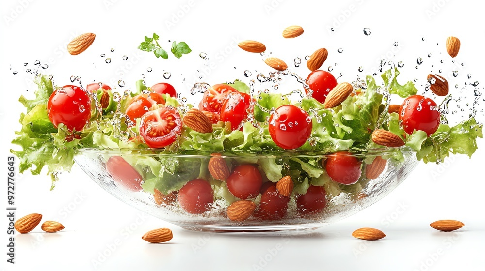 Fresh salad with cherry tomatoes and almonds in a glass bowl with water splash. Fresh salad with cherry tomatoes and almonds in a glass bowl with water splash.