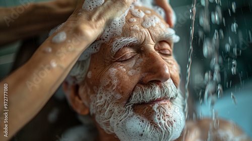 Caring for elders is vital aspect of daily life, showcasing tenderness and compassion involved in assisting them with personal hygiene. This image beautifully captures caregiver gently washing an elde photo