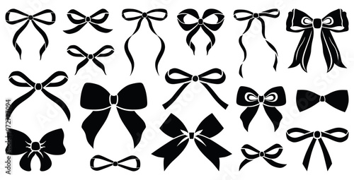 Simple hand drawn black ribbon bow collection. Bowknot for decoration, big set of bowtie. Large retro handdrawn ribbon illustration set. Set of various cartoon bow knots, gift ribbons