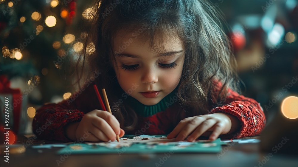 Child carefully crafting a homemade Christmas card, their expression one of pure concentration and joy. 4K hyperrealistic photo. Child carefully crafting a homemade Christmas card, their expression one of pure concentration and joy. 4K hyperrealistic photo.