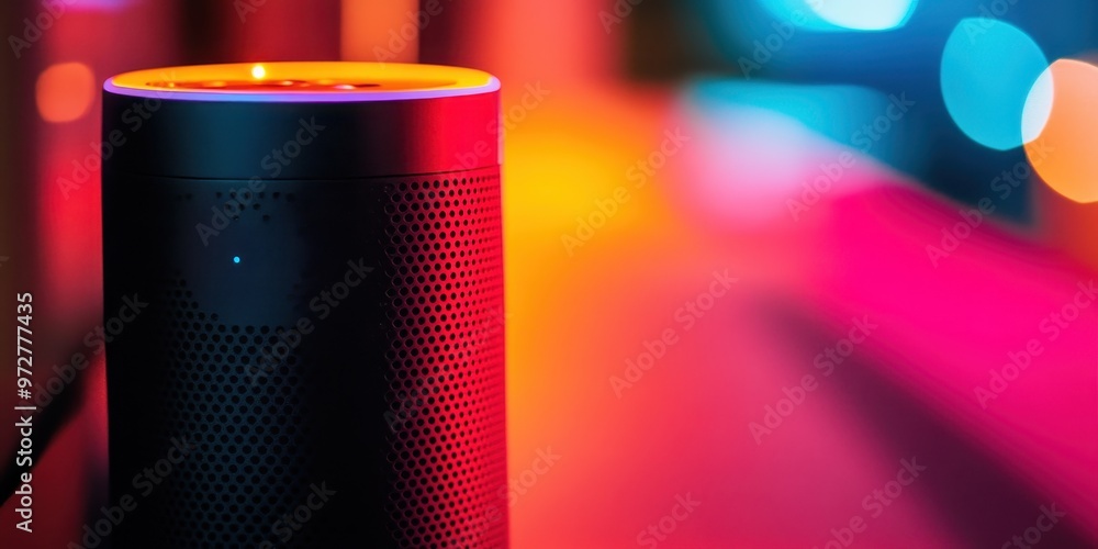 Vibrant smart speaker with glowing lights, showcasing modern technology and ambiance in a colorful setting. Vibrant smart speaker with glowing lights, showcasing modern technology and ambiance in a colorful setting.