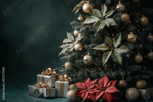 A Christmas tree decorated with metallic gold and silver ornaments, poinsettias flowersat, presents under the tree, dark green background photo