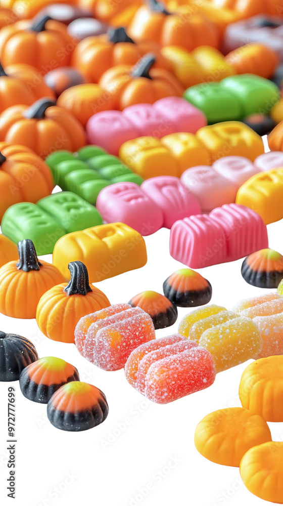 Fototapeta premium Vibrant array of colorful Halloween candies, featuring pumpkins and assorted sweets, perfect for festive celebrations.