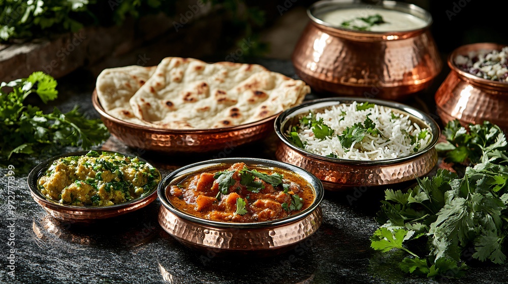 Indian food in copper bowls with rice, curry, and naan bread on a dark background. Indian food in copper bowls with rice, curry, and naan bread on a dark background.
