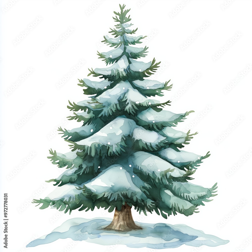 Fototapeta premium Christmas Tree Watercolor Illustration, Cartoon Christmas, Digital Clipart, Isolated on white background