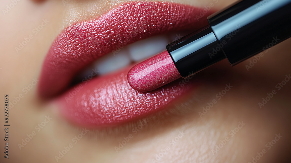 Obraz premium A close-up of a pink lipstick being swiped across a womans lips