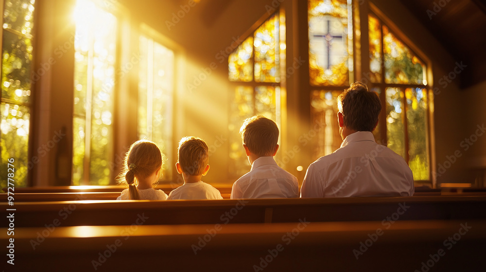 a family praying together in an evangelical church, bathed in soft natural light from nearby windows a family praying together in an evangelical church, bathed in soft natural light from nearby windows