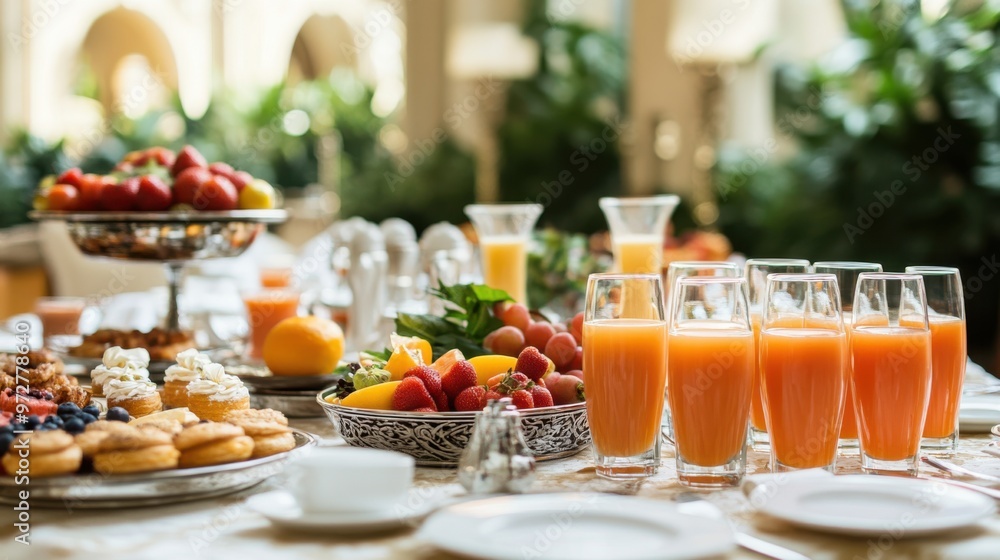An elegant brunch setup with a variety of fresh fruit juices and a selection of pastries An elegant brunch setup with a variety of fresh fruit juices and a selection of pastries