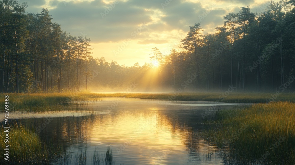 Serene sunrise over a misty lake surrounded by lush trees. Serene sunrise over a misty lake surrounded by lush trees.