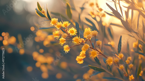 A close-up of a flowering Australian wattleseed plant, highlighting its golden-yellow blossoms and foliage  photo