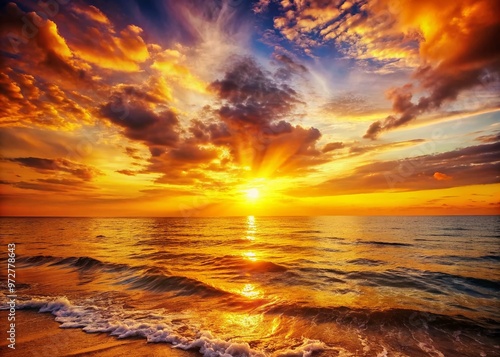 Vibrant orange and yellow hues illuminate a serene sunset over a tranquil sea, symbolizing hope and renewal in photo