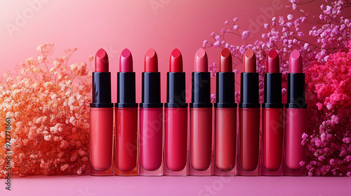 A display of various liquid lipsticks with different finishes: matte, glossy