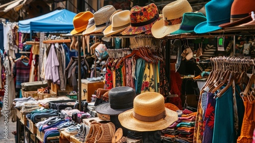 A bustling flea market stall with racks of colorful vintage clothing, hats, and accessories, evoking a sense of nostalgia