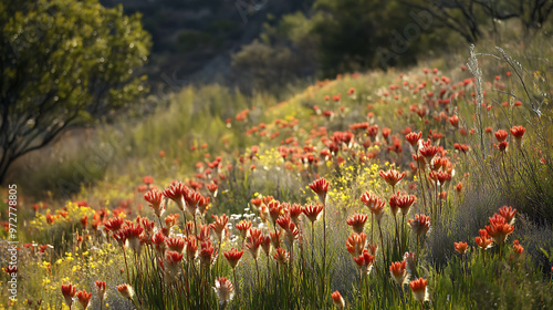 Fototapeta Naklejka Na Ścianę i Meble -  A field of kangaroo paws in a natural Australian setting, displaying their distinctive paw-like flowers 
