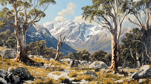 An Australian alpine landscape with snow gums and other high-altitude flora, showcasing the unique vegetation of the region  photo