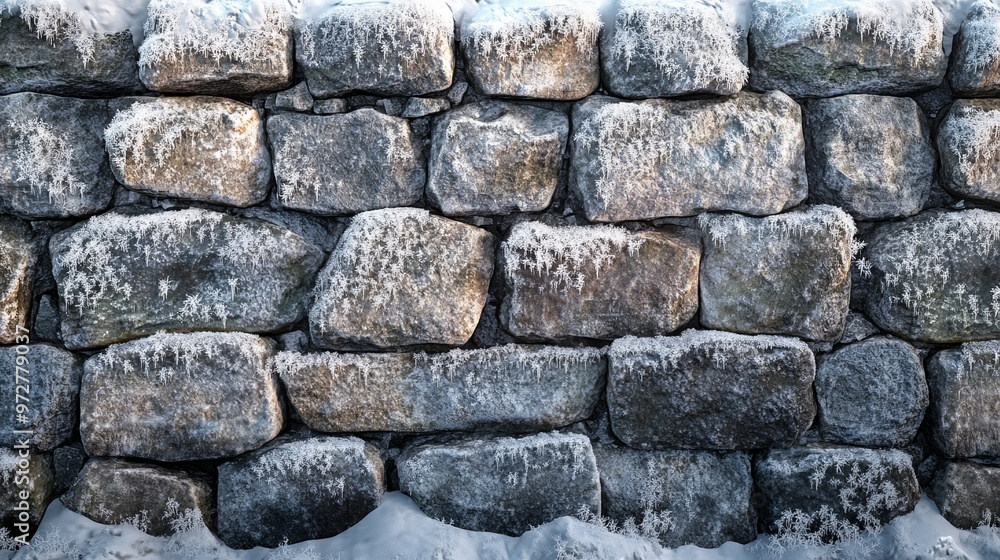 Rough texture of a stone wall covered in frost, with ice crystals forming on the uneven surface. 4K hyperrealistic photo. Rough texture of a stone wall covered in frost, with ice crystals forming on the uneven surface. 4K hyperrealistic photo.