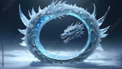 An ice dragon head encircled by a frosty ring, set in a snow-covered landscape. photo