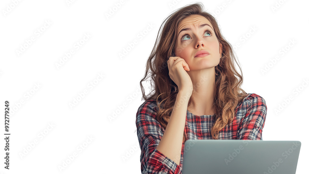 Woman working using laptop in office, looking over and Thinking . PNG file Woman working using laptop in office, looking over and Thinking . PNG file