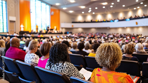 an evangelical church event, with rows of attendees seated and listening to a speaker on stage
