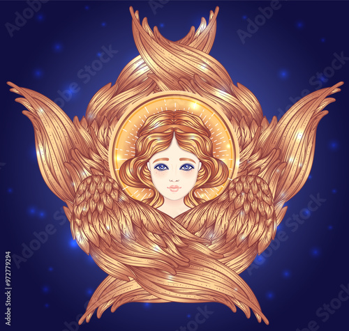 Sirin, Alkonost, Gamayun mythological creature of Russian legends. Angel girl with wings. Isolated hand drawn vector illustration. Trendy Vintage style element. Spirituality, occultism, alchemy, magic