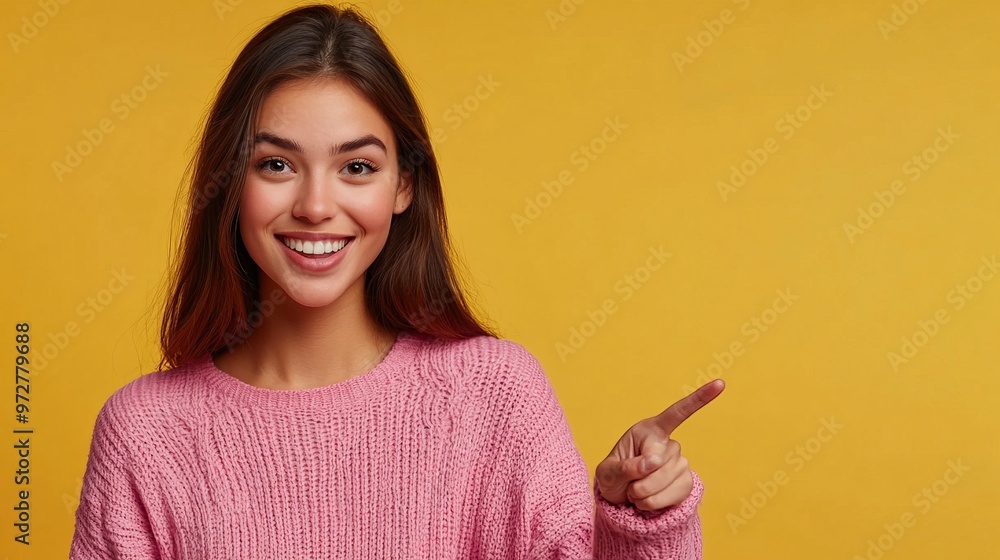Photo of positive cute lady dressed knitted pink shirt smiling showing arm pointing finger empty space Photo of positive cute lady dressed knitted pink shirt smiling showing arm pointing finger empty space