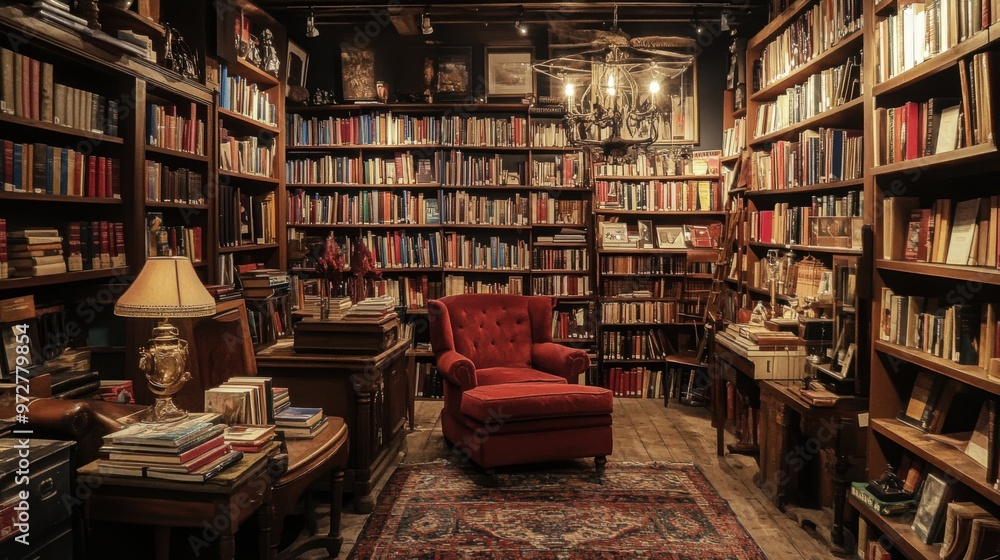 Antique bookstore with a luxurious reading nook, complete with vintage armchairs and Antique bookstore with a luxurious reading nook, complete with vintage armchairs and