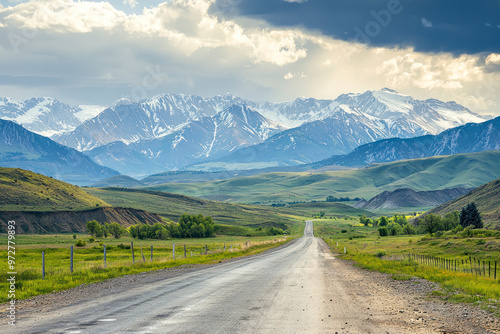 Landscape with road and mountains.