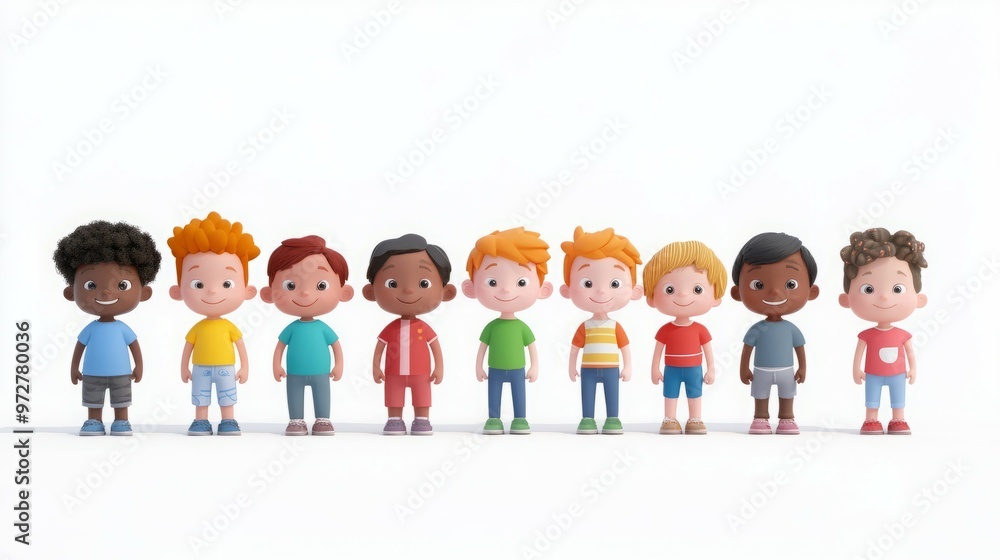 A group of diverse cartoon children stand in a row, smiling. A group of diverse cartoon children stand in a row, smiling.