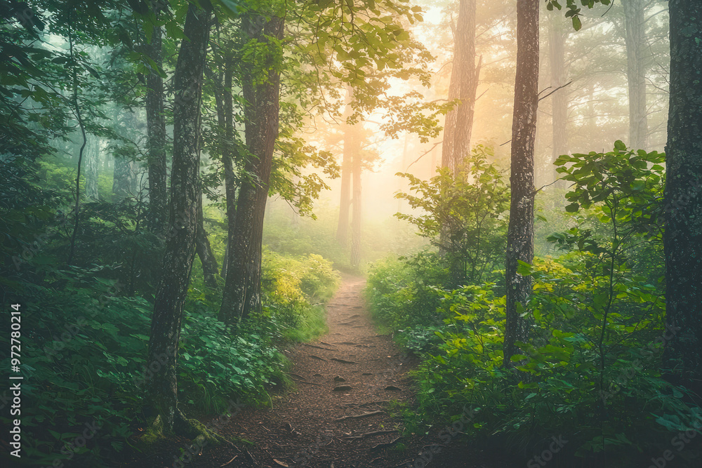 Misty Morning Hike through Dense Forest, Exploring the Enchanted Mountain Path. Misty Morning Hike through Dense Forest, Exploring the Enchanted Mountain Path.