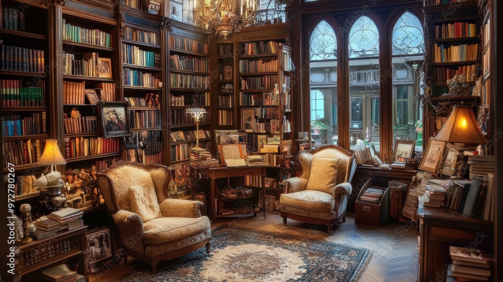 Antique bookstore with a luxurious reading nook, complete with vintage armchairs and Antique bookstore with a luxurious reading nook, complete with vintage armchairs and