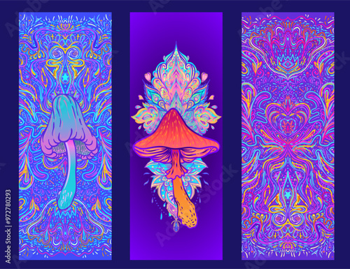 Magic mushrooms mandala. Psychedelic hallucination. Vibrant trippy vector illustration. 60s hippie colorful art. Hand drawn design in ethnic Indian style. Mystic abstract hippie yoga mat design.