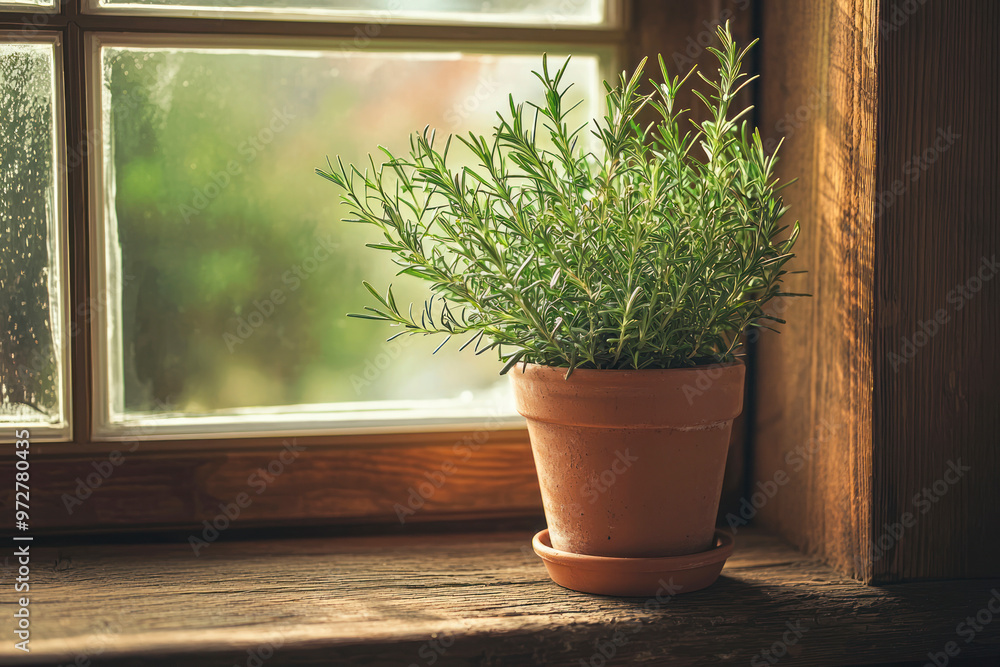 Potted Rosemary Plant on Rustic Kitchen Windowsill. Potted Rosemary Plant on Rustic Kitchen Windowsill.