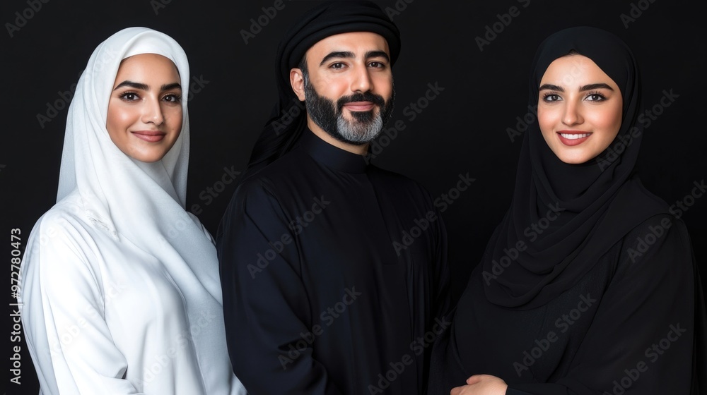 Elegant Middle Eastern Trio in Traditional Attire Against Black Background Elegant Middle Eastern Trio in Traditional Attire Against Black Background