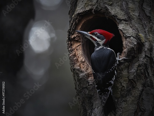 Woodpecker’s Sequential Pecks Creating a Cavity in the Bark photo